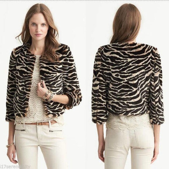 Banana Republic Womens Faux Fur Animal Print Crop Coat Jacket Size S Black - Picture 1 of 9